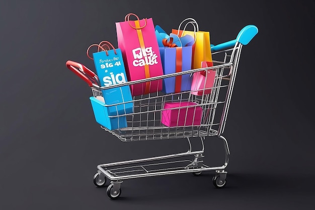 Foto carrito de compras 3d con productos para compras en línea y marketing digital de gran venta