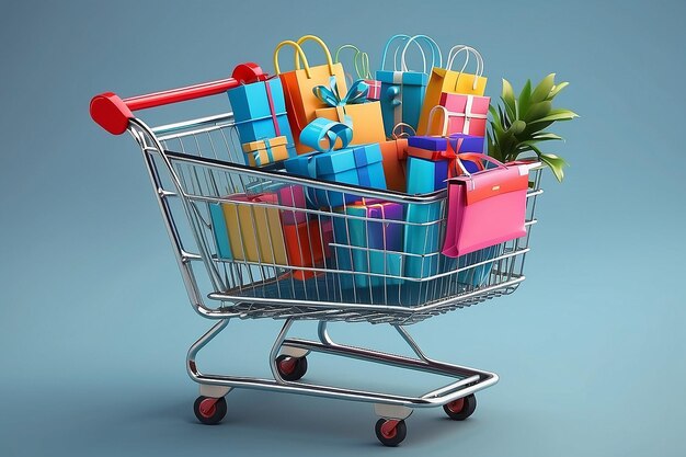 Foto carrito de compras 3d con productos para compras en línea y marketing digital de gran venta