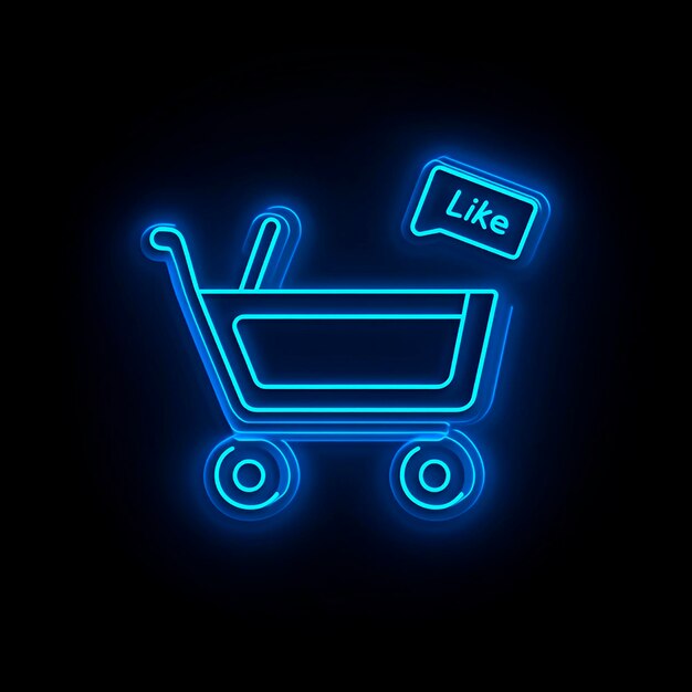 un carrito de compras azul con la palabra como en él