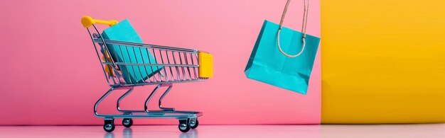 un carrito de compras con una bolsa azul que dice atención médica