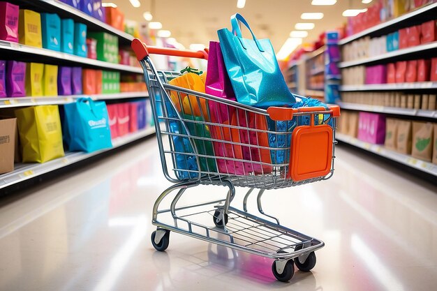 Un carrito de compras con una bolsa de colores en él