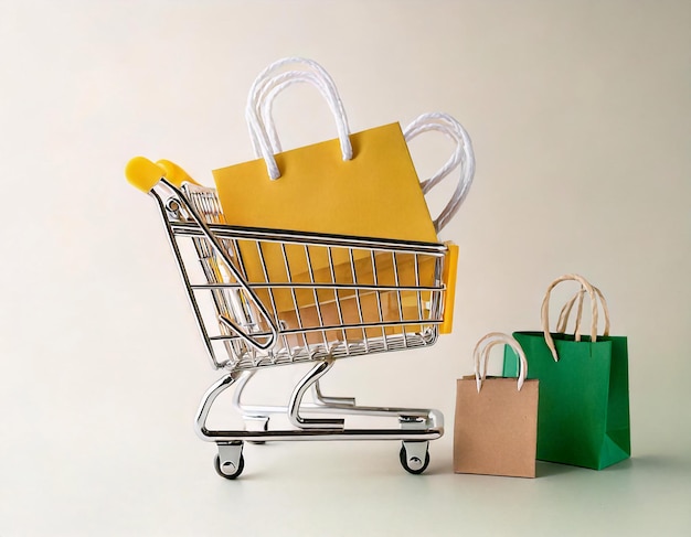 un carrito de compras con una bolsa marrón a su lado