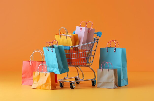 un carrito de compras con bolsas en él y un carro de compras con un fondo amarillo