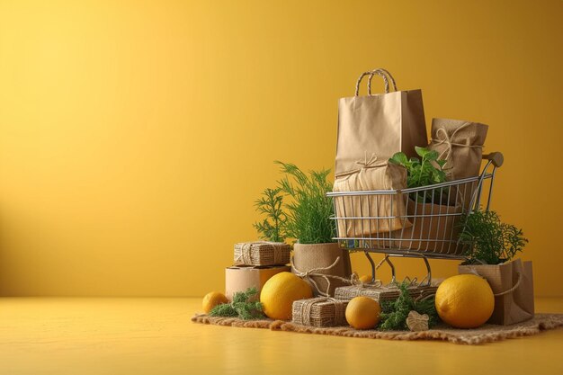 Carrito de compras con bolsas de papel y hierbas frescas en la mesa contra un fondo amarillo