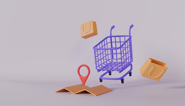 Carrito de compras y bolsas de regalos con mapa de ubicación y carrito vacío púrpura en un mercado para comprar