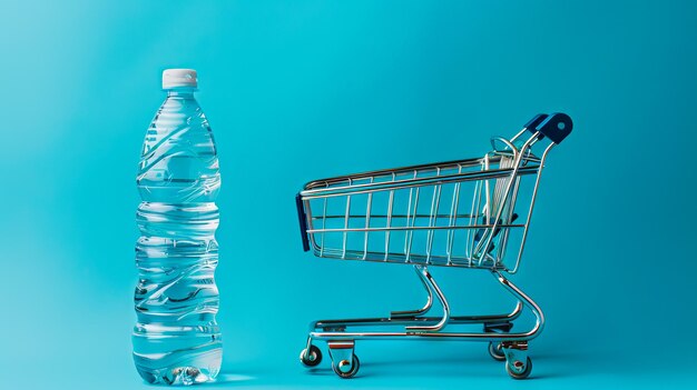 Un carrito de compras y una botella de agua.