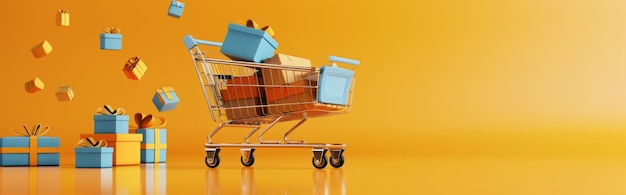 un carrito de compras con una caja azul en él