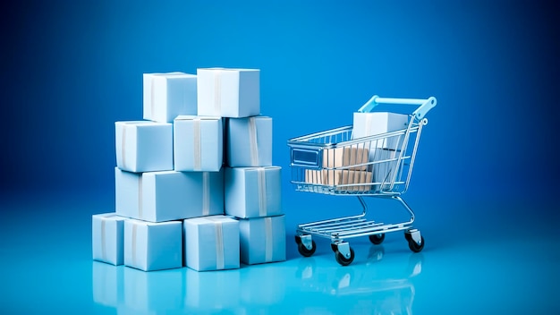 Carrito de compras con cajas en fondo azul Concepto de compras
