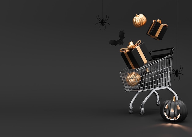 Carrito de compras con cajas de regalo y decoración de Halloween sobre fondo negro Espacio libre para texto Venta de compras de Halloween Plantilla de banner maqueta con espacio de copia Representación 3D