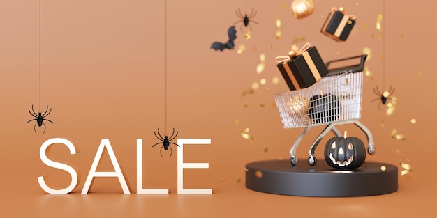 Carrito de compras con cajas de regalo Decoración de Halloween y VENTA de texto sobre fondo naranja Venta de compras de Halloween Oferta especial Oferta de buen precio Banner con espacio de copia Representación 3D