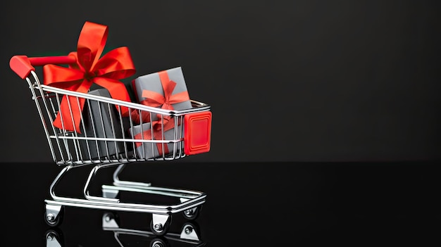 Carrito de compras con cajas de regalos en fondo negro Ilustración 3D