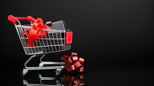 Carrito de compras con cajas de regalos en fondo negro Ilustración 3D