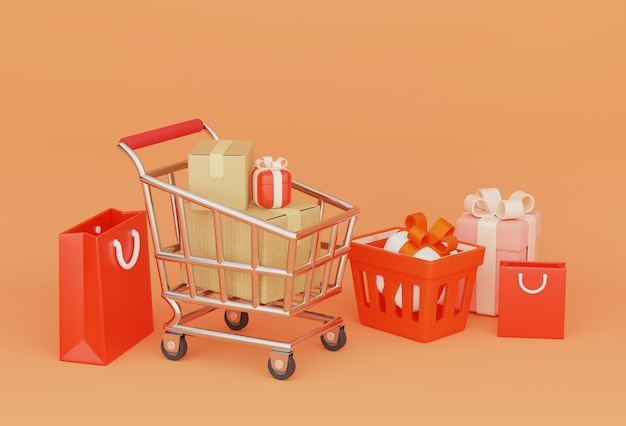 carrito de compras y cajas de regalos imagen 3D