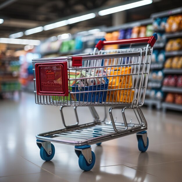 Un carrito de compras con un cartel rojo en el frente.