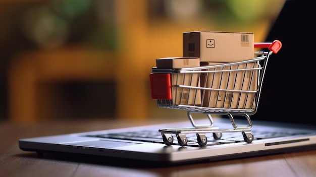 Un carrito de compras colocado encima de una computadora portátil Ideal para ilustrar conceptos de compras en línea