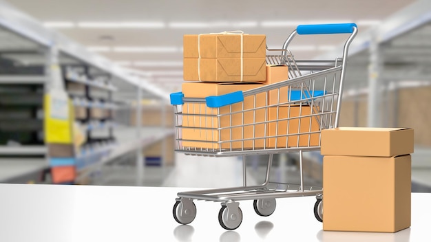 Foto el carrito de compras para el concepto de mercado en línea renderización 3d