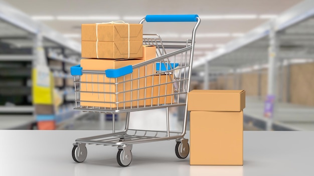 Foto el carrito de compras para el concepto de mercado en línea renderización 3d