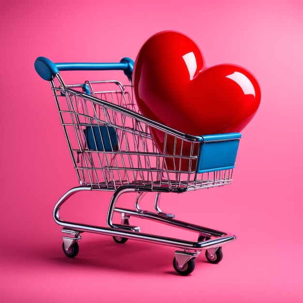 Carrito de compras con corazón rojo sobre fondo rosa