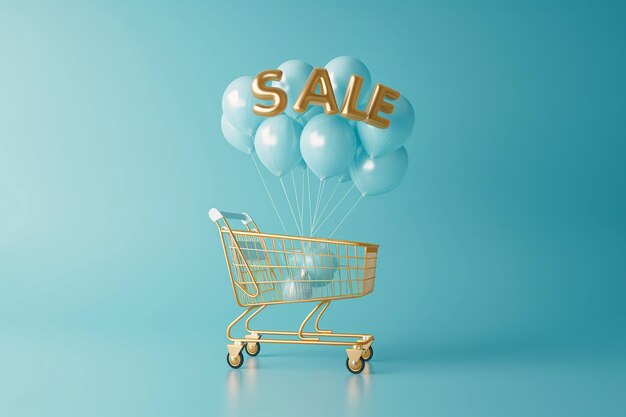 Carrito de compras dorado con la palabra VENTA hecho de globos de helio inflables de oro sobre fondo azul Venta Black Friday concepto temporada de compras compras descuentos adictos a las compras Marketing de promoción