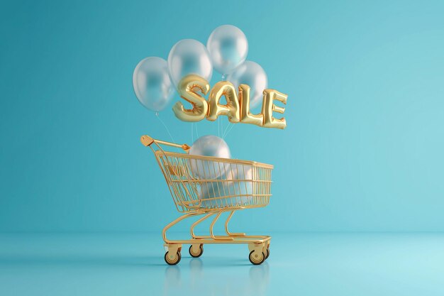 Carrito de compras dorado con la palabra VENTA hecho de globos de helio inflables de oro sobre fondo azul Venta Black Friday concepto temporada de compras compras descuentos adictos a las compras Marketing de promoción