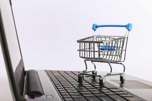 Carrito de compras está en la computadora portátil. Concepto de venta online.