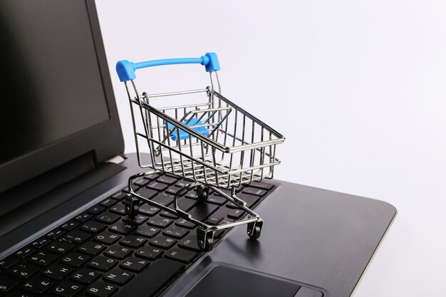 Carrito de compras está en la computadora portátil. Concepto de venta online.