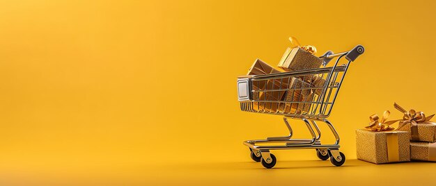 El carrito de compras está lleno de regalos en fondo amarillo, venta de banner, venta de viernes negro, venta de lunes cibernéticos, venta de Generative Ai.