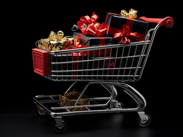 El carrito de compras está lleno de regalos de oro y rojo concepto de Black Friday Espacio de copia