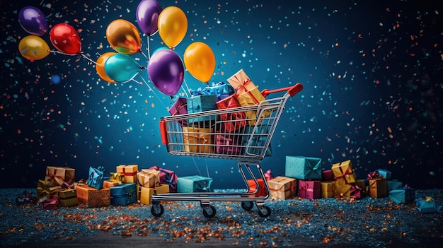 El carrito de compras está lleno de regalos.