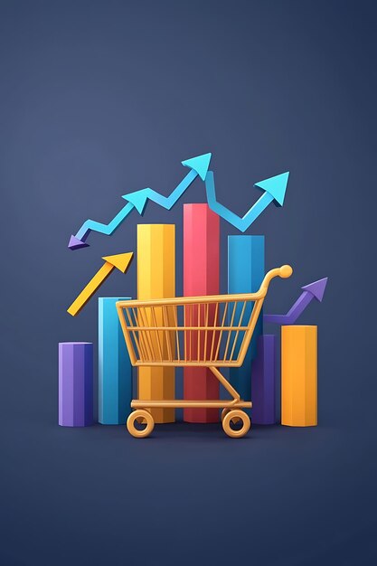 Un carrito de compras está rodeado de barras y flechas de colores