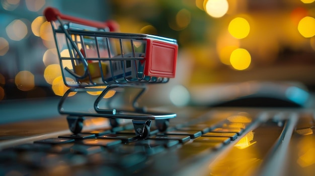 Un carrito de compras está en un teclado El carrito es rojo y plateado