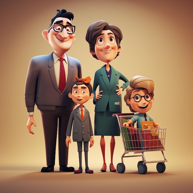 El carrito de compras de la familia de dibujos animados 3D