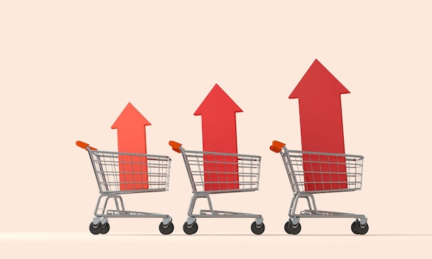 Carrito de compras con flecha roja de inflación Crisis del costo de vida Precio de la compra de alimentos Representación 3D