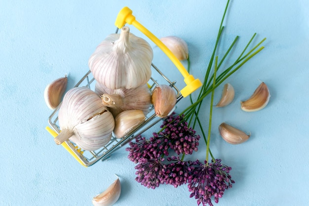 Carrito de compras con flores de ajo y ajo Vista superior sobre un fondo azul