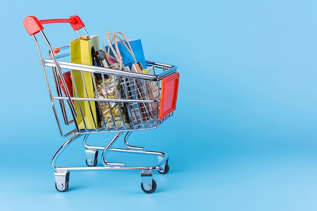 un carrito de compras con un fondo azul y una caja roja con un mango amarillo