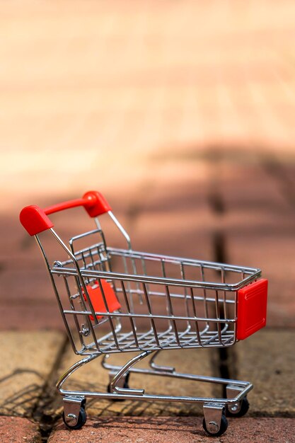 Foto carrito de compras con fondo de naturaleza desenfocado