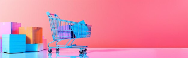 un carrito de compras con un fondo púrpura y un fondo rosa