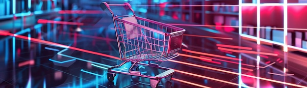 El carrito de compras futurista en un pasillo iluminado con neón