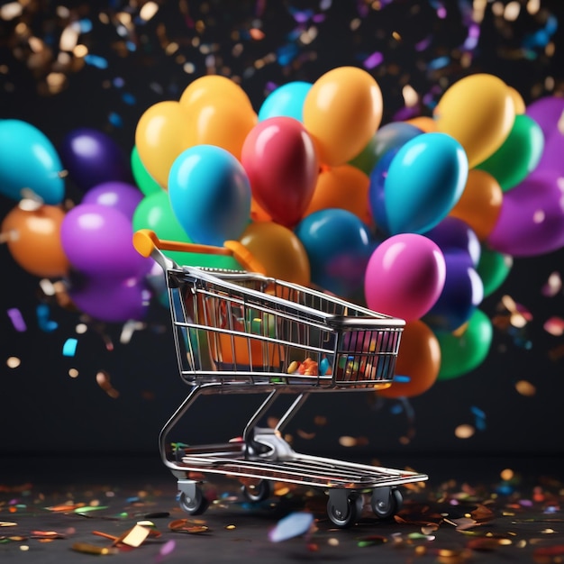 Un carrito de compras con globos y confeti en un fondo oscuro