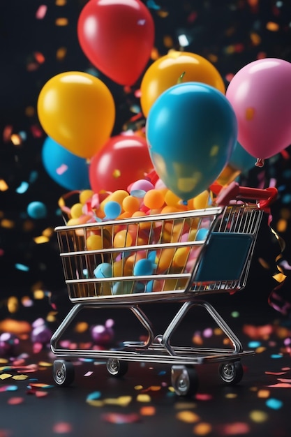 Un carrito de compras con globos y confeti en un fondo oscuro