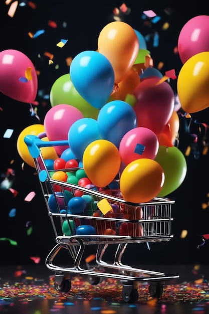 Un carrito de compras con globos y confeti en un fondo oscuro