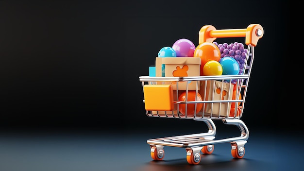 carrito de compras de juguetes pequeño lleno de compras pequeñas aisladas en espacio de fondo negro para texto