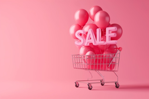 Carrito de compras con el letrero VENTA y globos inflables de helio en fondo rosa Venta Black Friday concepto temporada de compras compras descuentos adictos a las compras Marketing de promoción