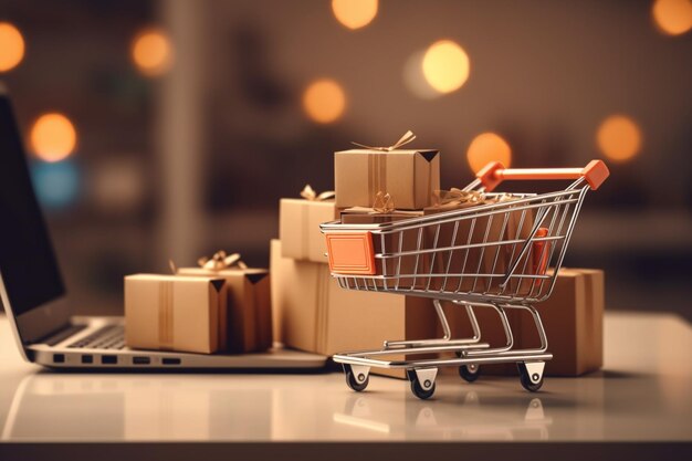 Foto carrito de compras en línea de comercio electrónico lleno de paquetes de regalos de comestibles con gráficos digitales en línea