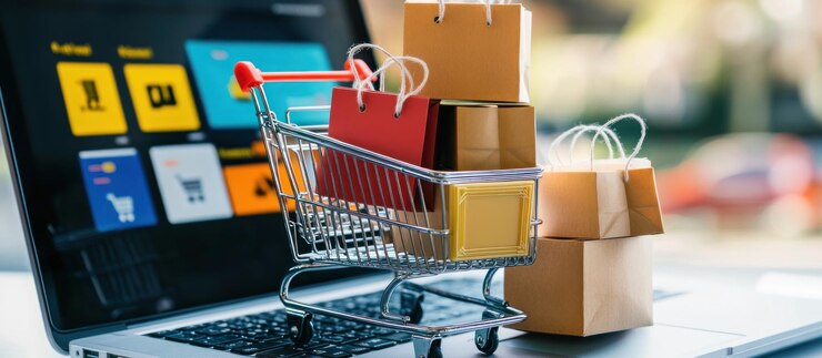El carrito de compras en línea está lleno de bolsas