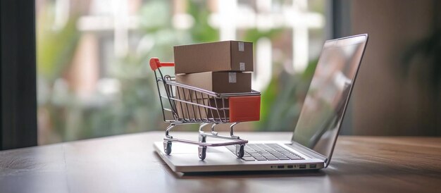 Carrito de compras en línea con portátil