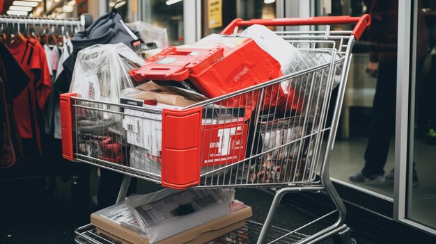 Un carrito de compras lleno de artículos con descuento durante una venta de Black Friday