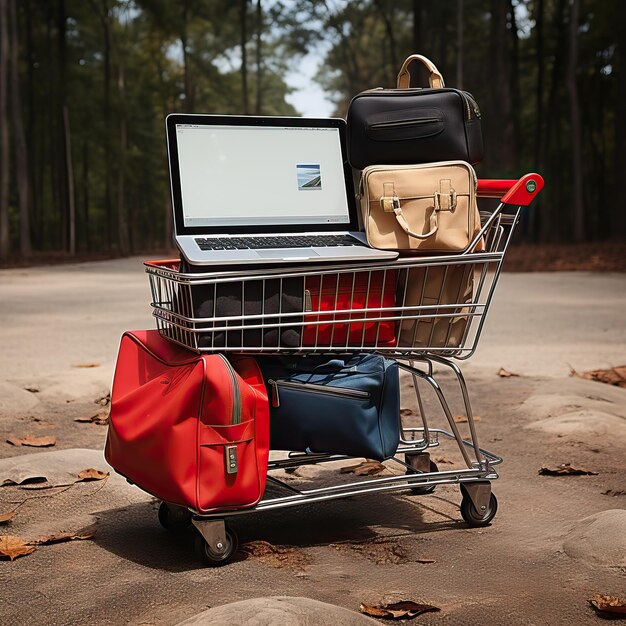 Foto carrito de compras lleno de artículos vacíos en una computadora portátil en el estilo de gris oscuro y carmesí