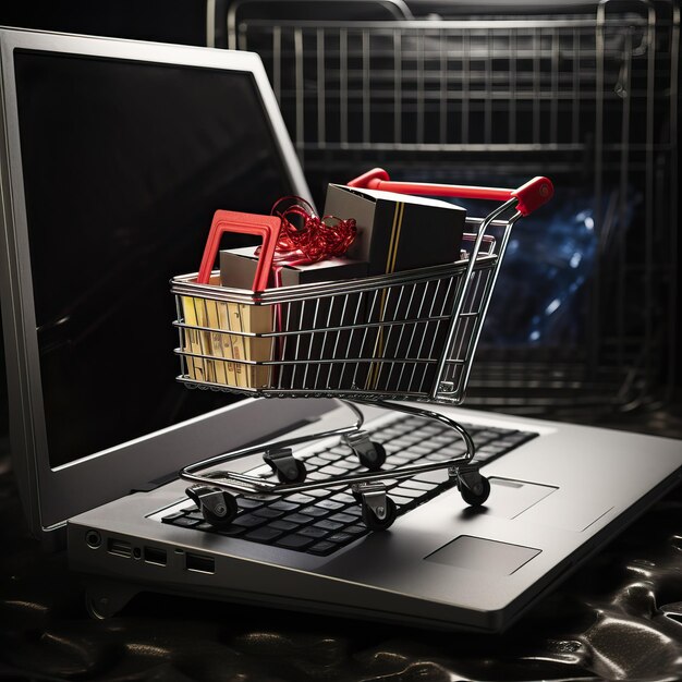 Foto carrito de compras lleno de artículos vacíos en una computadora portátil en el estilo de gris oscuro y carmesí