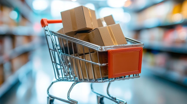 Un carrito de compras lleno de cajas de cartón en un pasillo de una tienda
